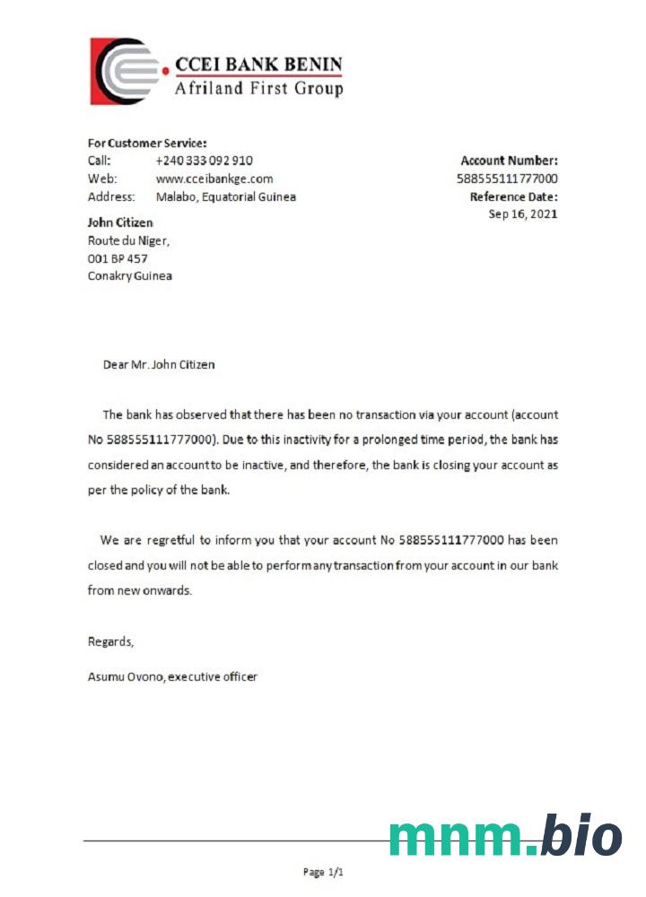 Gwinea Równikowa Ccei Bank Benin Bank przykład zamknięcia odniesienia w formatach Word i PDF